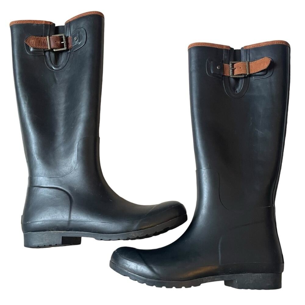 Sperry Black Tall Rain Boots with Brown Trim